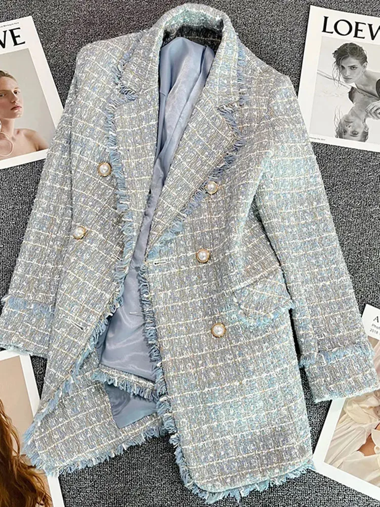 High-quality Temperament Tweed Women Jacket 2023 Autumn Long Sleeves Double Breasted Blazer Female Fashion Elegant Suit Coat