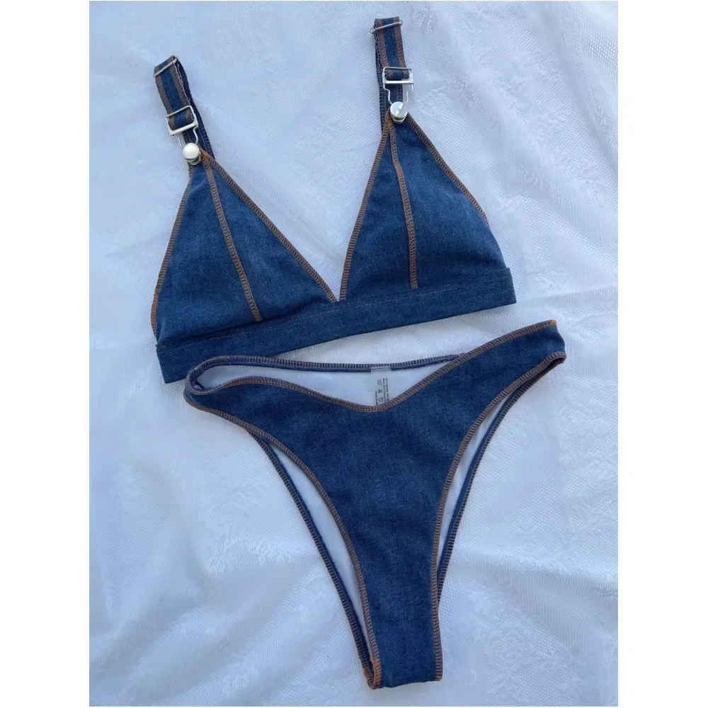 

Denim Blue Bikini High Waist Swimsuit Buckles Border Swimwear Women Bathing Suit Adjust Straps Trend Bikinis Extrem Beach Outfit