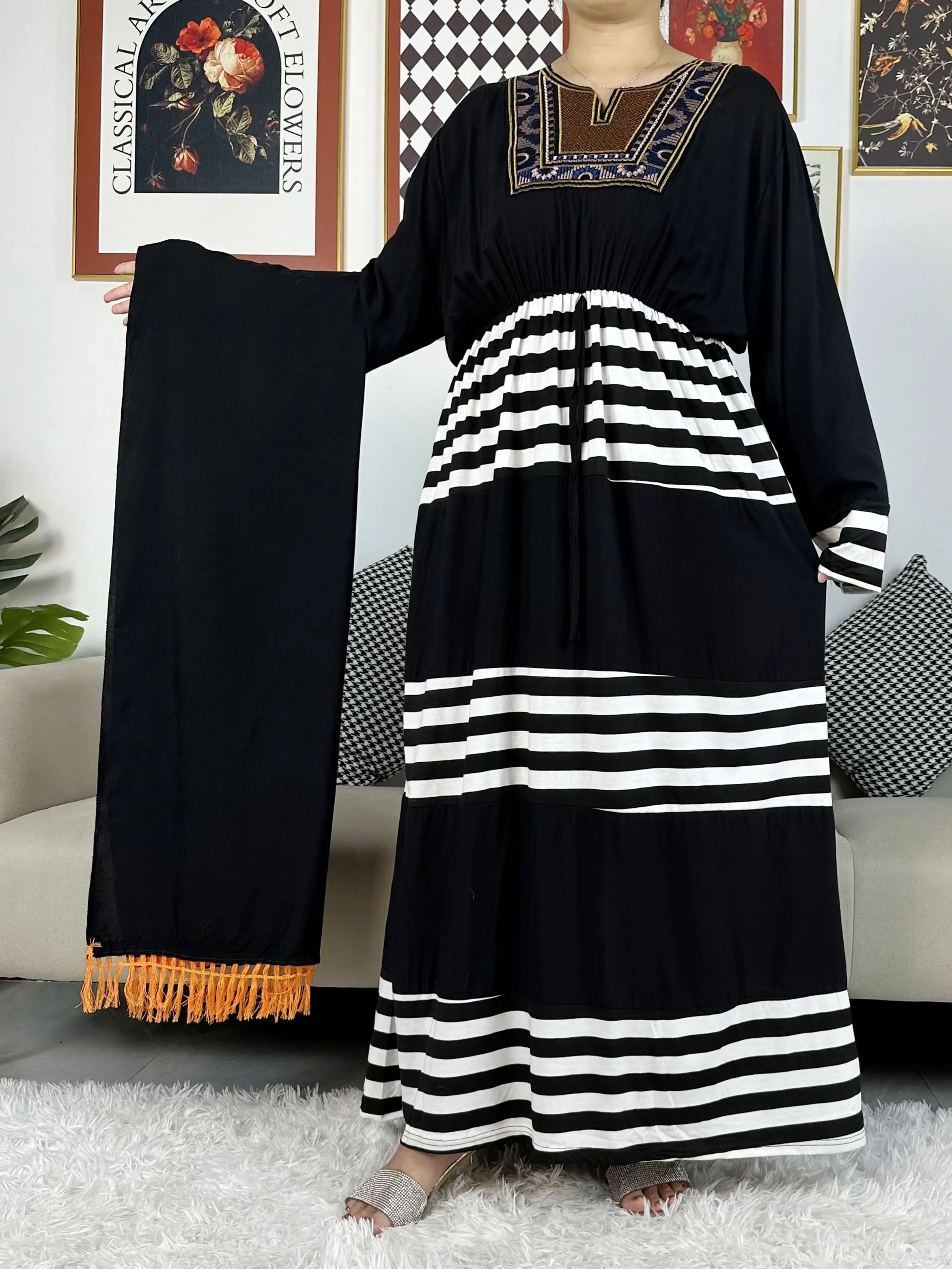 2023 New African Kaftan Women Cotton Abaya Dresses Long Sleeve Loose Style Dashiki Dubai Stripe Long Lady Dresses For Lady