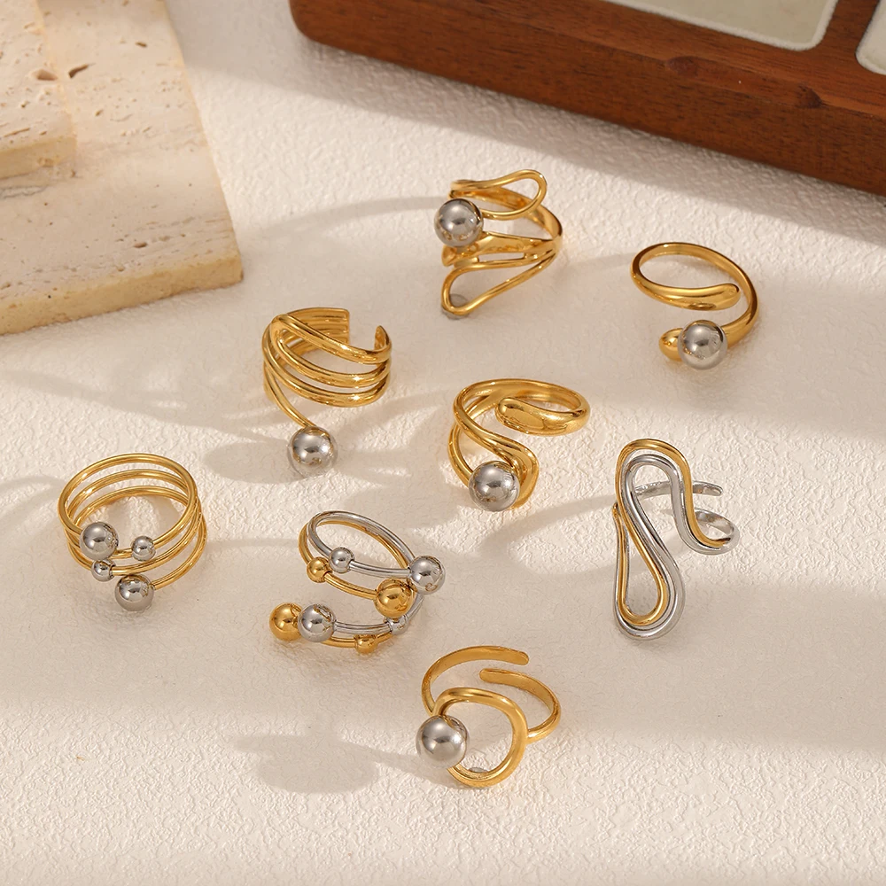 Edelstahl 18K Vergoldeter Ring mit Mischfarben-Perlen, Verstellbarer Offener Ring, Modischer Charm-Fingerschmuck – Detail 2