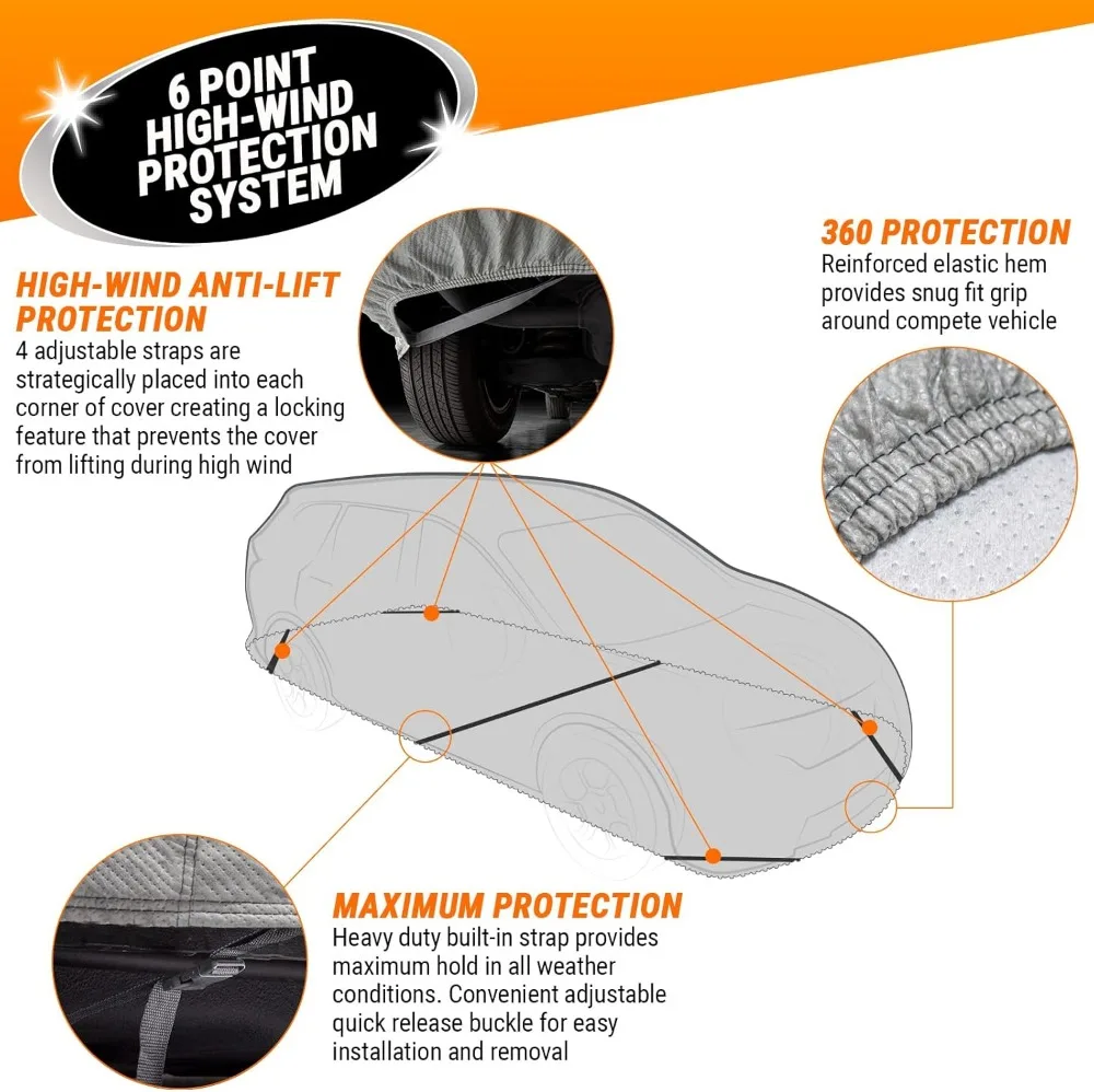 Heavy Duty All-Weather SUV Car Cover, Max Protection from Sun Rain Wind Snow, Fits SUVs up to 205", Grey