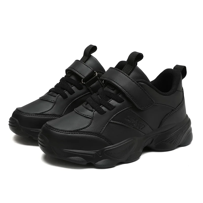 

2024 New Kids Luxury Black Leather Sneakers Casual Sports Shoes for Children Anti-skid Wear-resistant School Shoe with Velcro