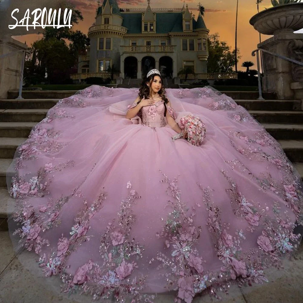 Brilhante 3d apliques florais 2025 quinceanera vestido de baile de fadas aniversário querida pescoço vestidos personalizados vestidos de novia