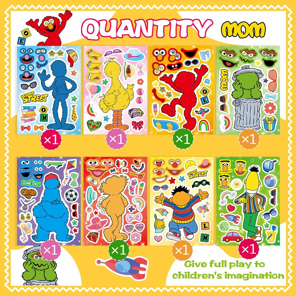 8/16Sheets Sesame Street Puzzle Stickers Make a Face Assemble Jigsaw DIY Cartoon Kids Education Toy Reward Party Decoration Gift