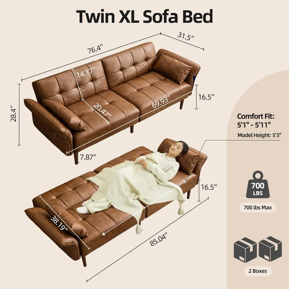 "85" Futon Sofa Bed - Storage & Adjustable Armrests, Faux Leather Mid-Century Sleeper for Small Spaces"