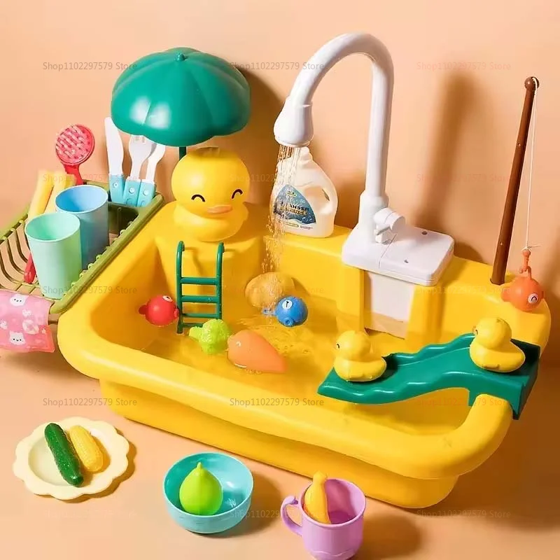 Kids Kitchen Sink Duck Toy Electric Dishwasher Play Set With Running Water Pretend Food Fisher Role Play Gift For Girls And Boys
