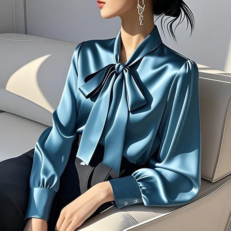 

Design-sensory Bow Dark Green Shirt for Women Long Sleeves Professional Versatile Streamer Shirt