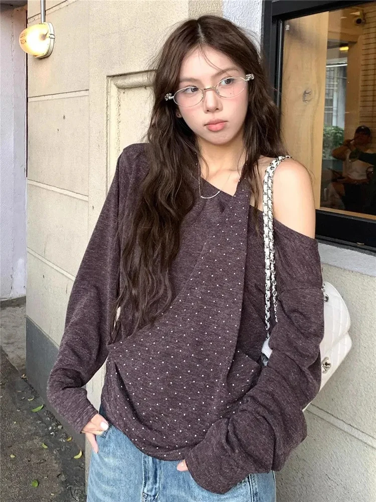 

Irregular Polka Dots T Shirt Women Autumn Fake Two Piece Patchwork Loose Tees Skew Collar Off Shoulder Vintage Casual Baggy Tops