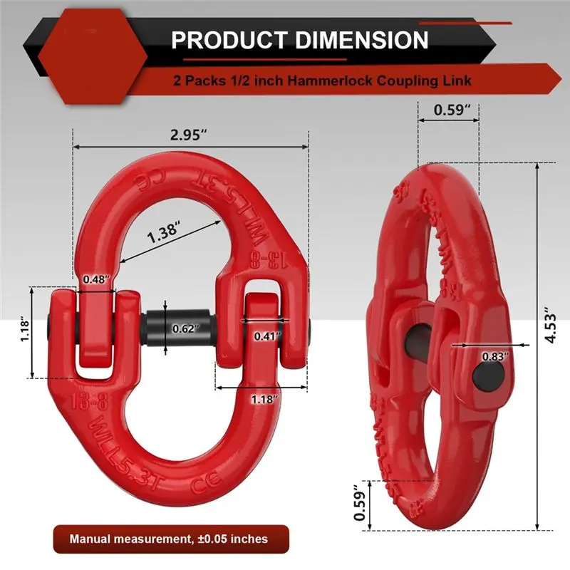【Доставка в пределах зединителя безопасной цепи, соединительное звено для буксирного сцепного устройства Hammerlock 1/2 дюйма, комплект из 2 соединителей буксирной цепи из легированной стали G80