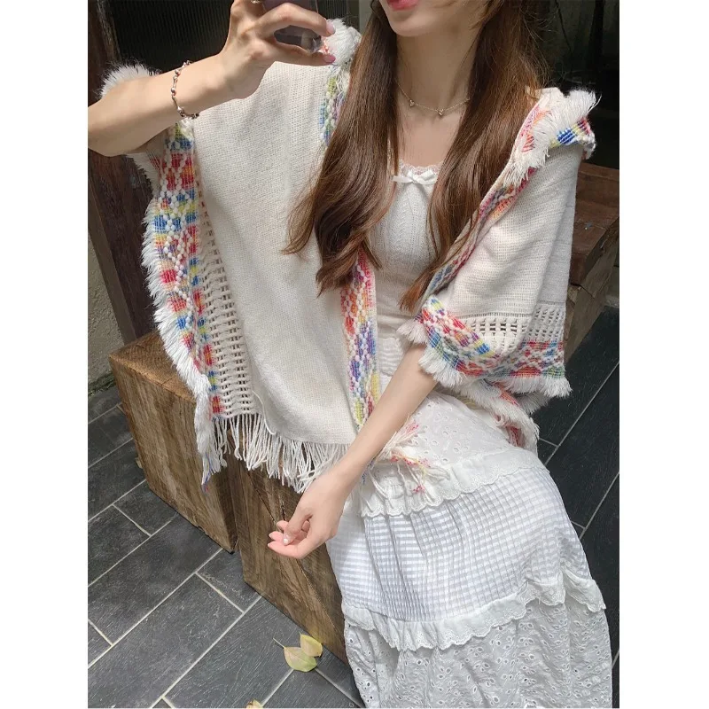 

Large Knitted Ethnic Style Wrap Women's Outerwear with Hood Travel Photography Scarf Tassel Coat Youth Spring Autumn