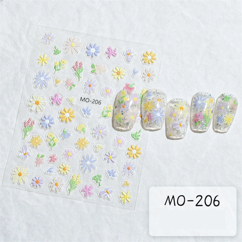 Auto-adesivo Floral folha unhas adesivos, decalques florais, Daisy Sliders, Multicolor Manicure Decor, 5D flores