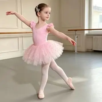 Pink flutter-sleeve ballet practice outfit for girls, a summer ballet set suitable for  ballet training and grade examinations.