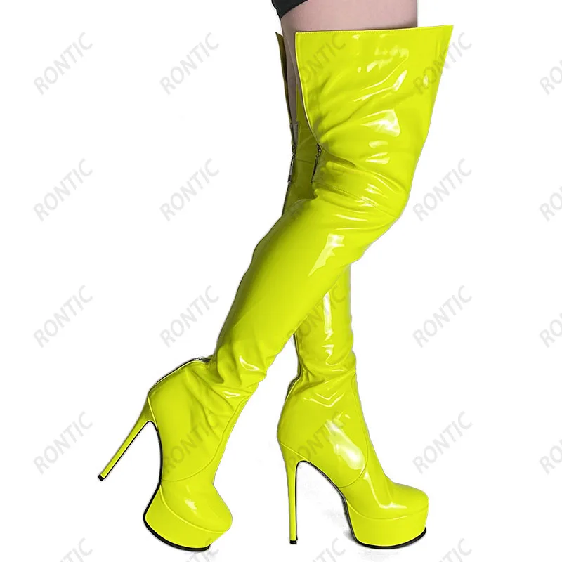 Rontic 2022 Fashion Women Winter Thigh Boots Platform Patent Back Zipper Stiletto Heel Round Toe Yellow Dress Shoes US Size 5-13