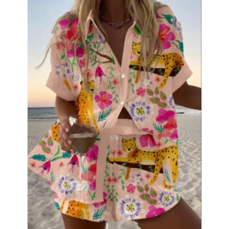 ผู้หญิงสบายหลวมกางเกงขาสั้นชุดฤดูร้อนพิมพ์เสื้อลําลองแขนสั้น + กางเกงขาสั้นขากว้าง 2 ชิ้นชายหาดสวมชุดหญิง