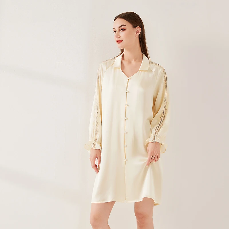 

19MM 100% Mulberry Silk Chemise Nightgown Long Sleeve Shirt Dress with Lace Trim Elegant Lapel Cardigan Pajama Nightdress Nighty
