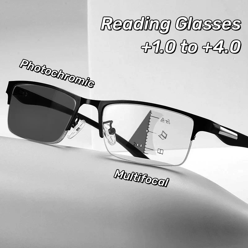 Progressive Multifocal Photochromic Reading Glasses Anti-blue Light Far Sight Glasses Men Half Frame Business Presbyopia Glasses