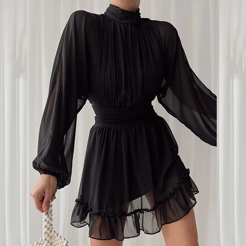 Ladies Ruffle Long Sleeve Party Dress Vestidos Elegant Fashion Tulle Turtleneck Women Dress Sexy Slim Pleated Gauze Mini Dresses
