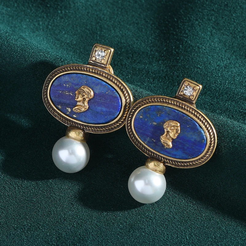 Vintage Lapis Lazuli Kopfperlen-Ohrringe, Cameo, goldfarben, Avatar, blauer Stein, für Damen, Schmuckdesign, Hochzeit, Designer, Jahrestag