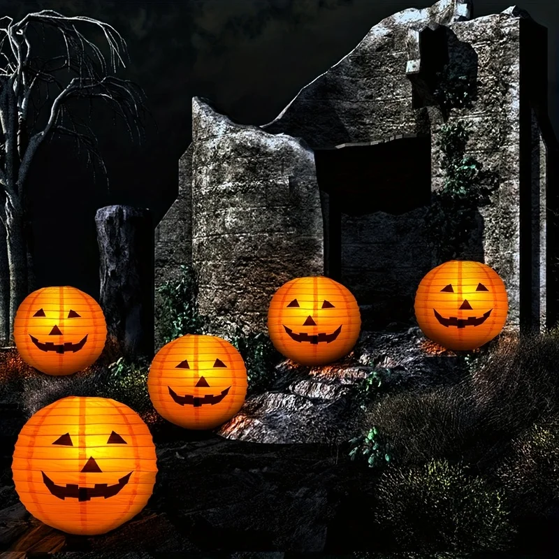 Halloween Pumpkin‑Shape Hanging Paper Lanterns, Foldable Jack‑O‑Lantern Paper Ornaments, Ceiling Hanging Decor for Halloween