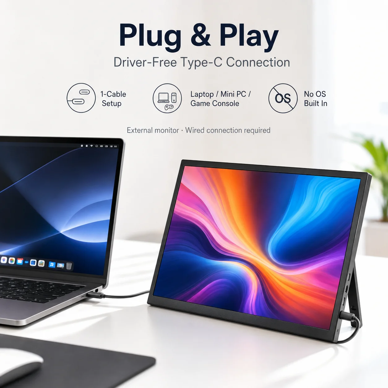 LESOWN 10.1 Inch USB-C External Display No Driver Needed Touchscreen 2.5K PC Sub-monitor miniHDTV Plug and Play Black Panel