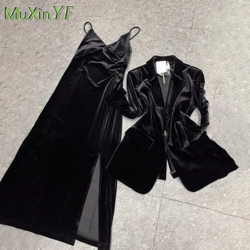 Women\'s Autumn Winter New Fashion Suit Coat+Suspender Velvet Dress Two-piece Korean Elegant Casual Black Blazer Midi Skirt Set