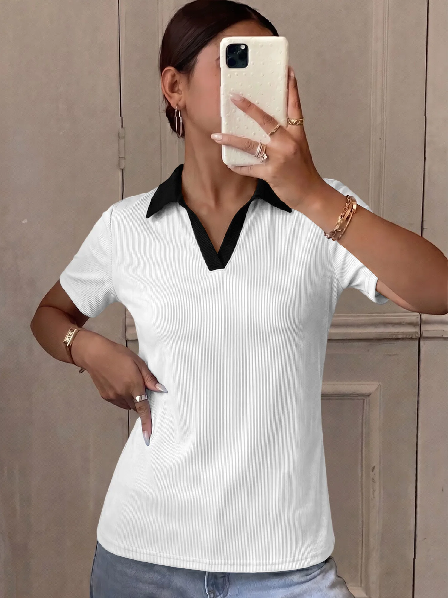 Versatile Ribbed Polo Base Top, Contrast Lapel Short‑Sleeve Shirt for Multi‑Season Layering Outfits