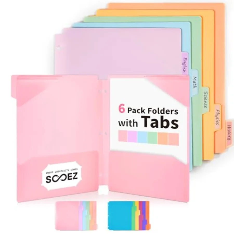 

Plastic Folders with Pockets and Tabs, 6 Pack Pocket Folders with Writable Label Stickers, Fits 3-Ring Binder, Holds Letter/A4