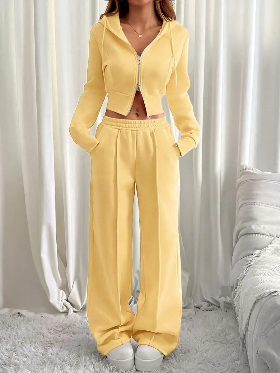 

Womens Cropped Hooded Sweatshirt And Wide Leg Sweatpants Set Yellow Casual Two Piece Tracksuit