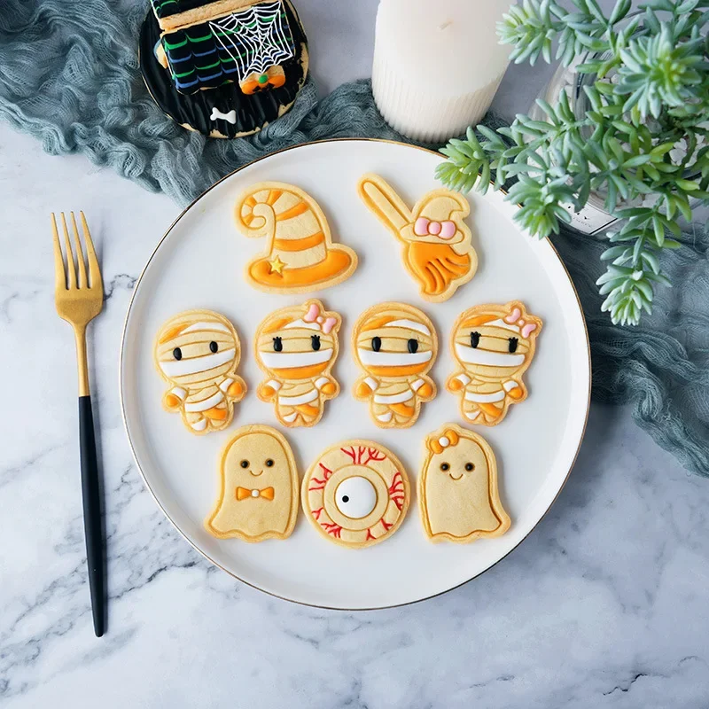 Cartoon Halloween Fondant Frosting Cookie Embosser Mold Cute Bat Ghost Skull Pumpkin Pattern Cookie Cutter Cake Stamps Moulds