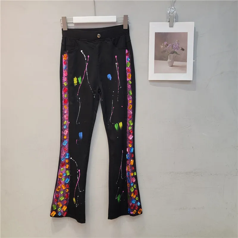 Luxury Colorful Diamonds Beaded Graffiti Painted pantaloni Hot Drilling elastico dimagrante strass Legging mutande Capris