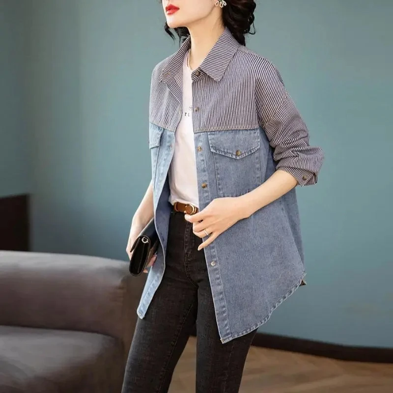 

Fashion Denim Women's Shirt Coat 2025 Spring Autumn Stripe Stitching New Female Casual Ladies Long Sleeve Cowboy Shirt Jacket