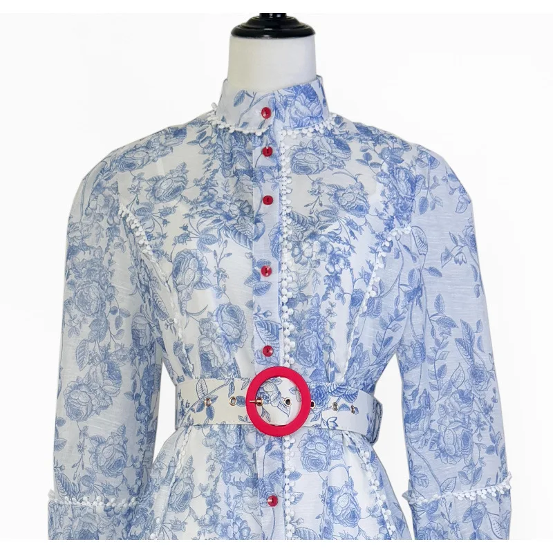 Vestido Australiano Nuevo para Mujer, Cuello Alto, Manga Larga Abullonada, Bloques de Color, Botón Único, Estampado Azul, Est...