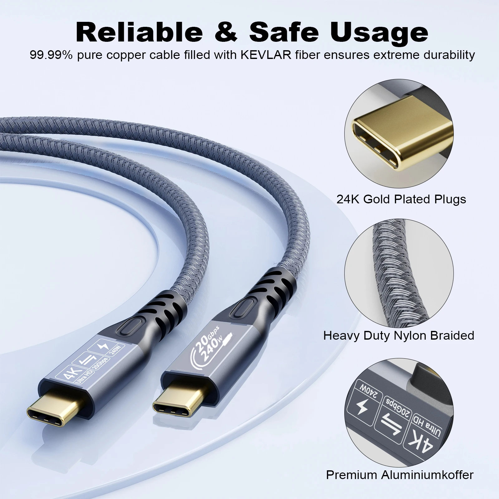 C USB C Cable to USB C 3.2 Male Gen2 × 2 Type C Charging Cable, 20Gbps Data Transfer, 240W 48V/5A Fast Charging Cable, 4K @ 60Hz