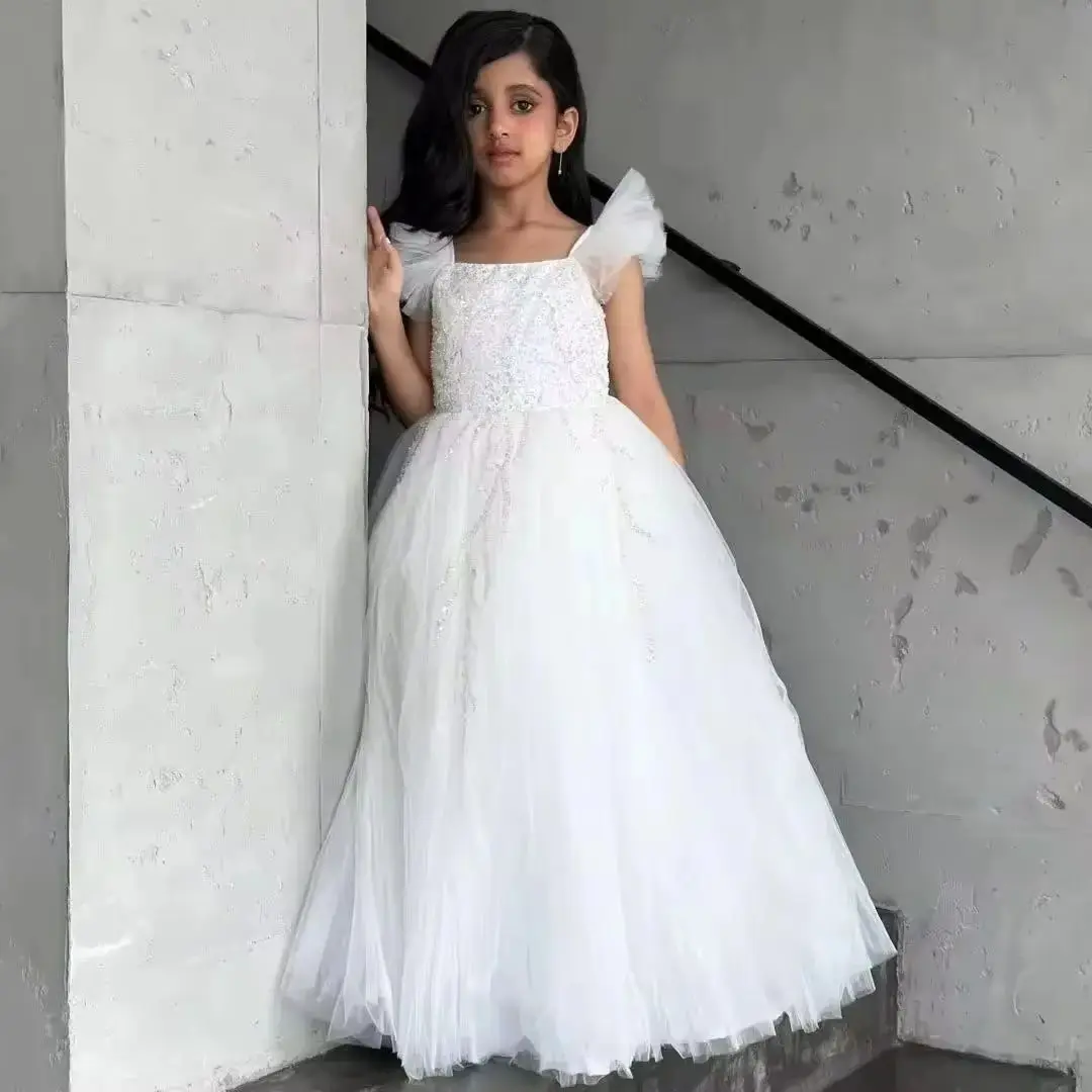 

Customized Flower Girl Dresses White Tulle Sequin Appliques Sleeveless For Wedding Birthday Party Holy Communion Gowns