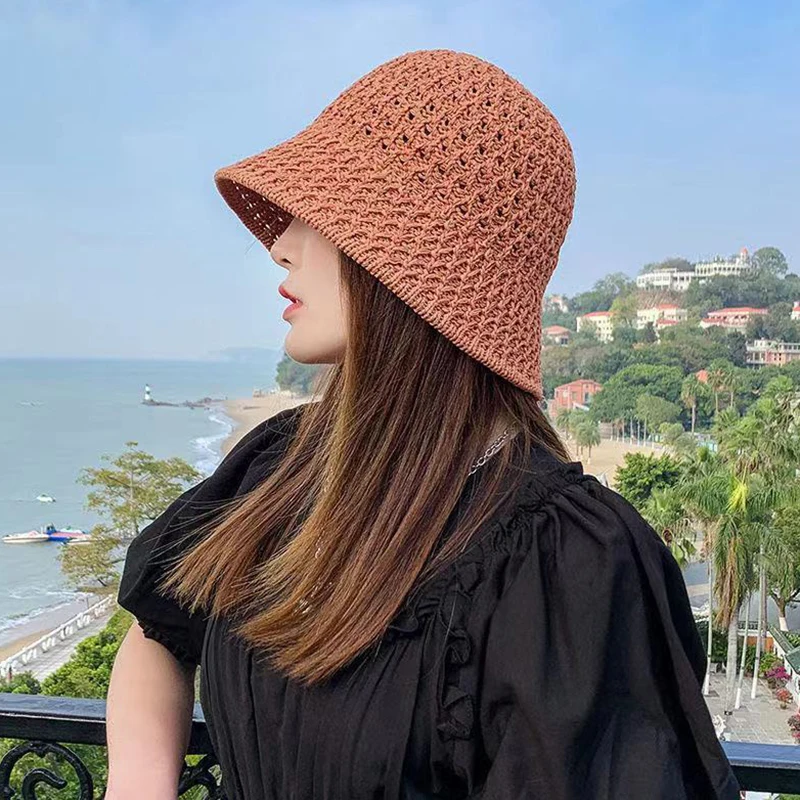 Bucket Hat Spring Summer Hollow Knitted Hat Solid Color Sunhat Fisherman Caps Casual Foldable Beach Cap