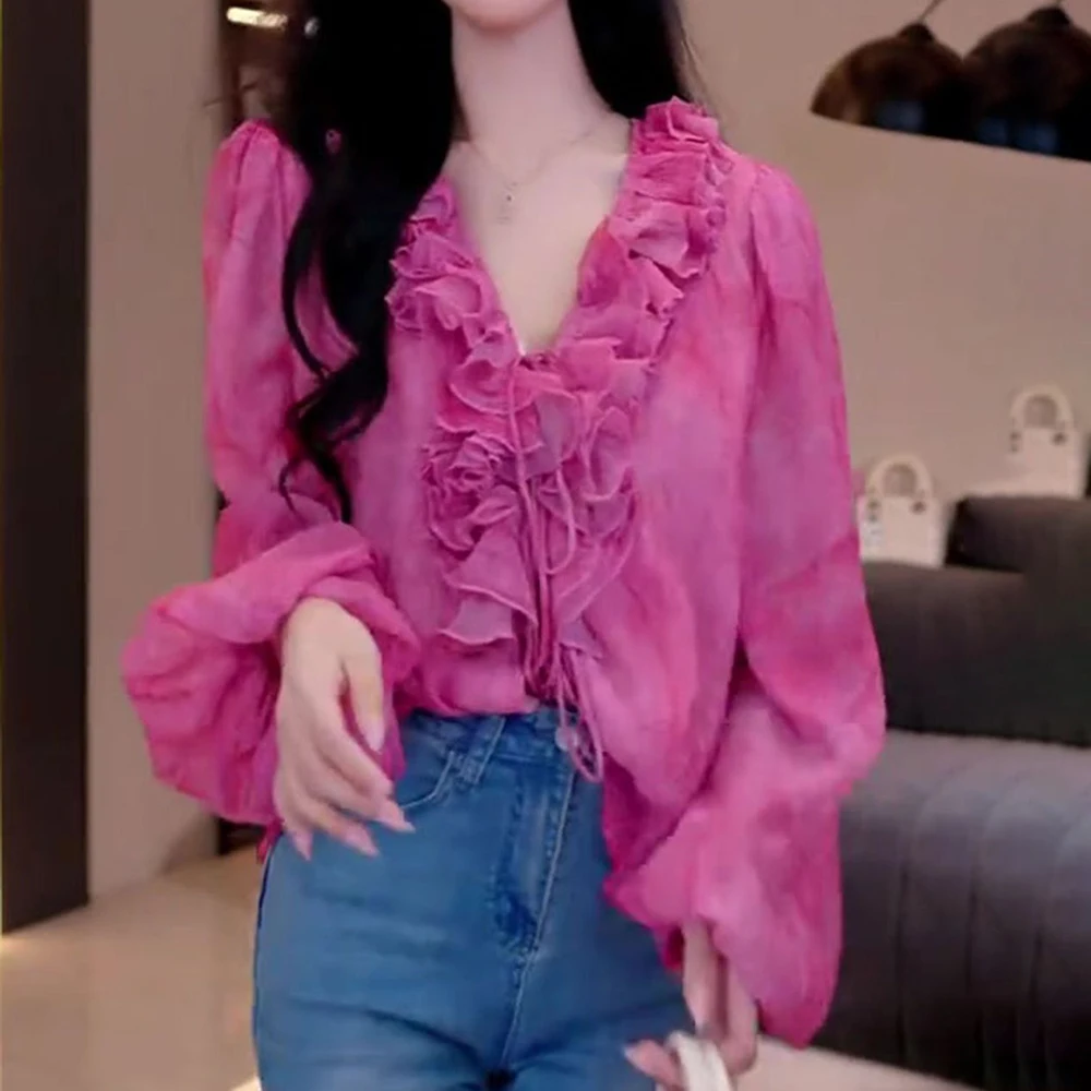 

2026 autumn French ruffle leaf edge smudge v-neck long-sleeved shirt women's design sense age reduction super good-looking shirt