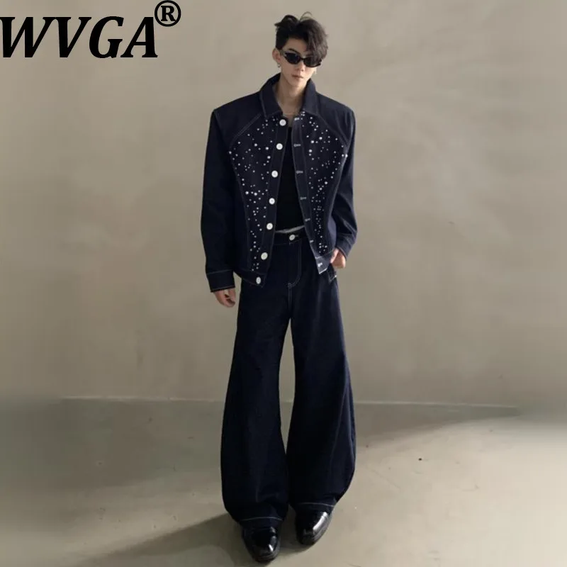 

WVGA Весна Осень Новые Мужчины Tide Diamond Pearl Design Модные джинсовые куртки Нишевые шикарные повседневные прямые брюки Комплект из двух предметов W16036