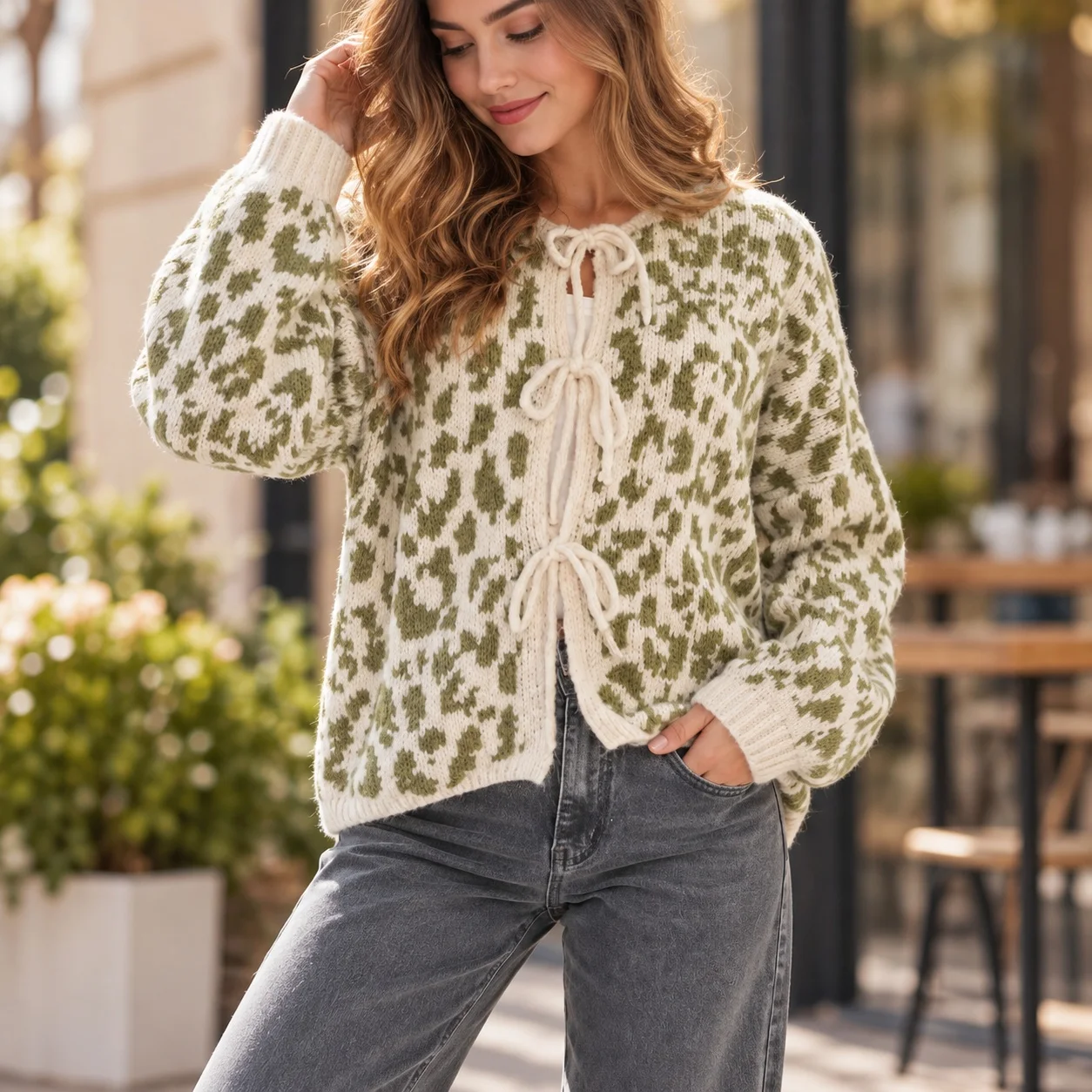 Tie Round Neck Sweater Slim Fit Sweet and Fresh with Hip Length Street Long Sleeve Open Front Leopard Print Cardigan for Women