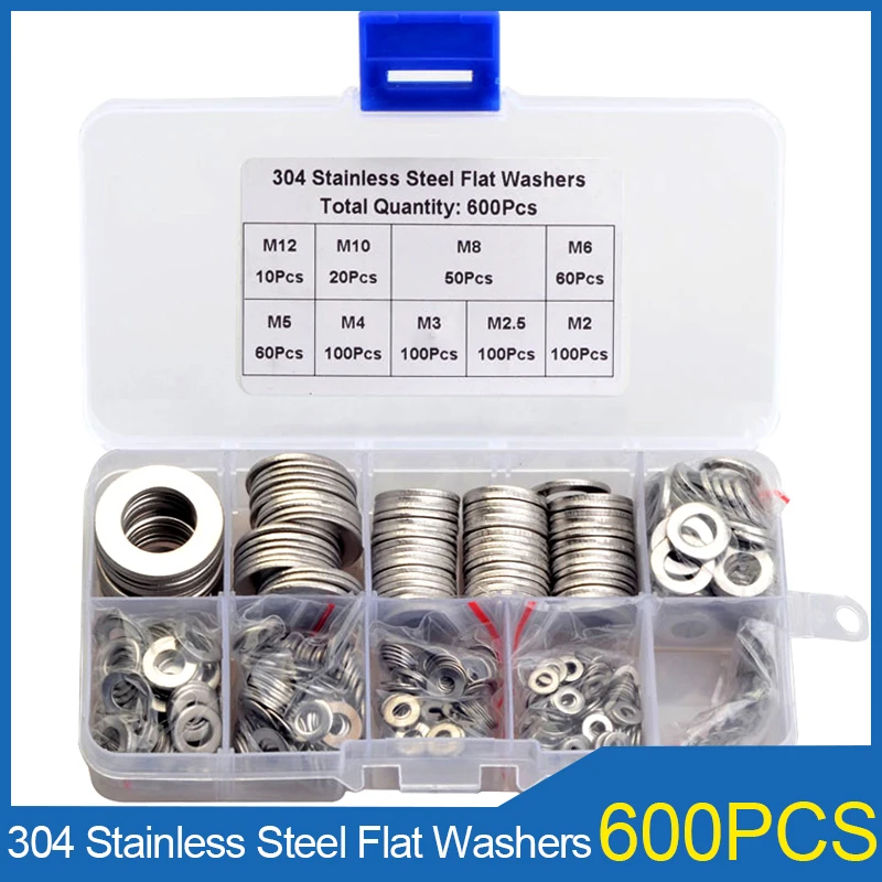 600pcs Flat Washer Set 304 Stainless Steel M2 M2.5 M3 M4 M5 M6 M8 M10 M12 Ring Gaskets Kit Plain Washers Assortment Kit DIN125