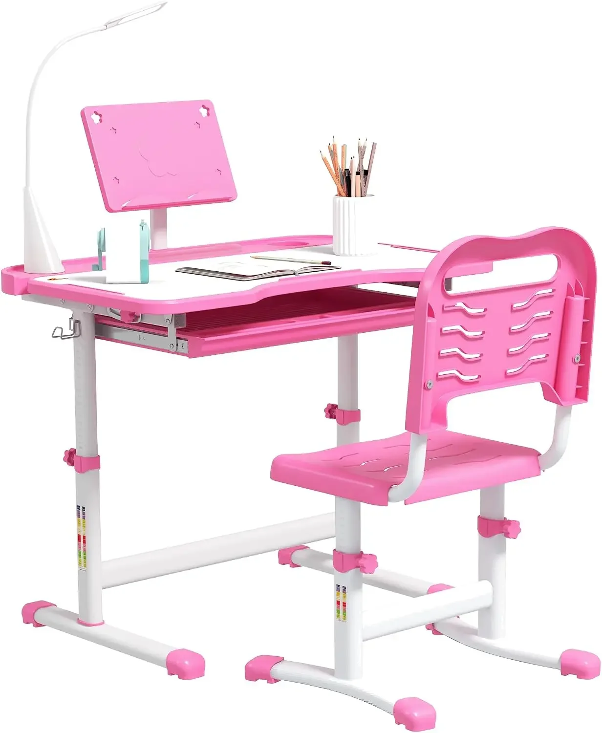 Kids Desk and Chair Set Height Adjustable Tilt Desktop Pink and White | School Desk Chair Set, USB Light, Storage Drawer