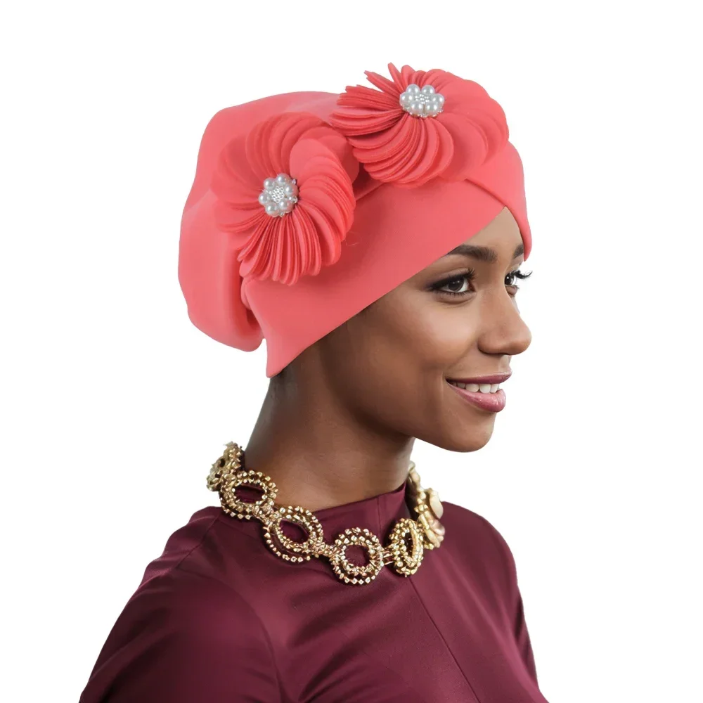 African Auto Gele Headties Flower Turban Cap for Women Muslim Hijab Bead Bonnet Headscarf Female Wedding Cap Head Wraps Mujer