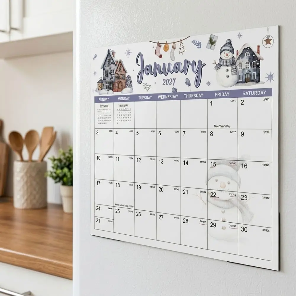 18 Monthly 2027 Magnetic Fridge Calendar Tear Off Pages with Corner Guard Refrigerator Calendar Winter Snowman Removable