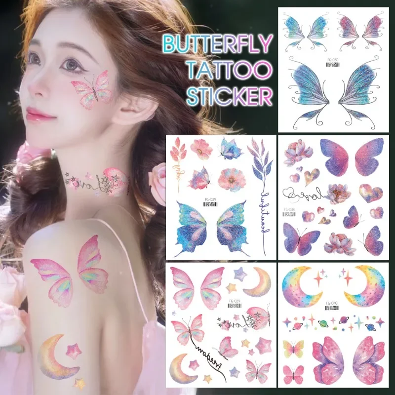 Pegatinas de tatuaje temporal de mariposa con purpurina para Festival de Música, alas brillantes, tatuaje falso, mano impermeable, arte corporal, maquillaje facial