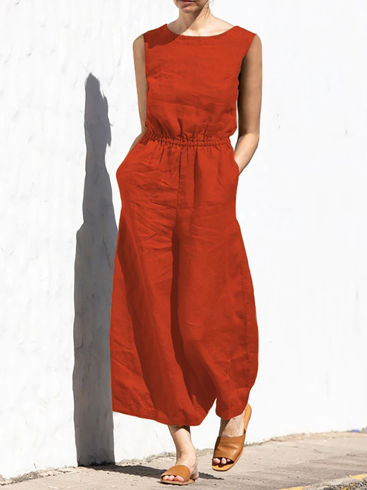 Sleeveless Retro Femme Cotton Linen Pants Women Casual Elastic Waist Jumpsuits with Pockets Summer Streetwear Thin Loose Rompers