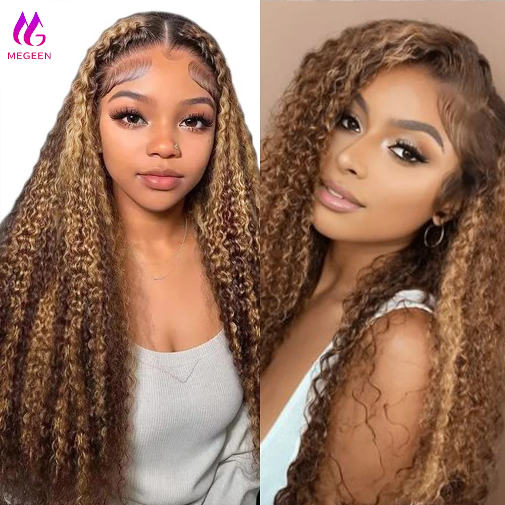 شعر مستعار بشري ملون أشقر بلون أومبير من العسل Megeen ، شعر مستعار مموج بالماء ، شعر مستعار بدانتيل أمامي شفاف ، P4 ، 27 ، 13x4