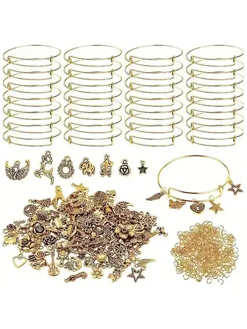 90Pcs Silvery Adjustable Bangles With Charms, Earring Hooks And Jump Rings, Suitable For DIY Jewelry Making