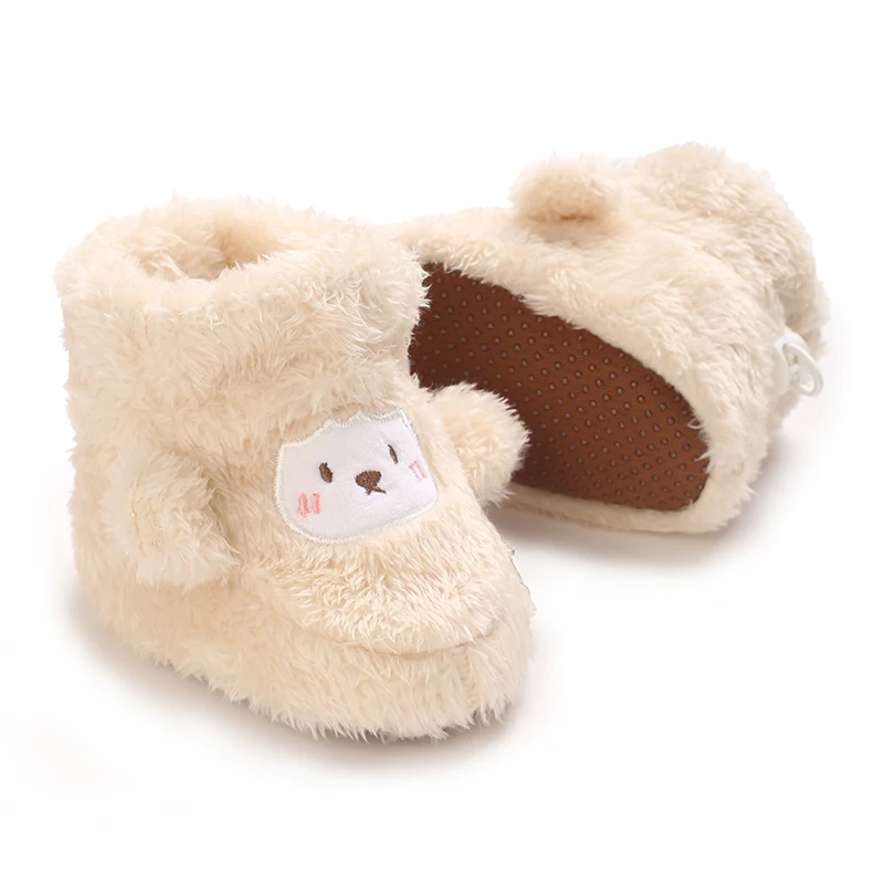 Winter baby girl's thick snow boots Khaki with plush cute furry cotton shoes 0-1Year warm non slip comfortable baby walking shoe