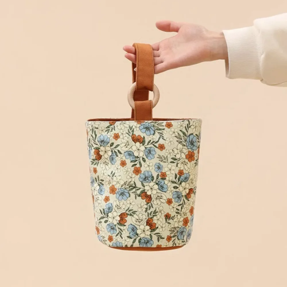 Retro Flower Bucket Bag, Large Capacity Mummy Bag, Cute Lunch Bag Canvas Handbag Korean Style Women