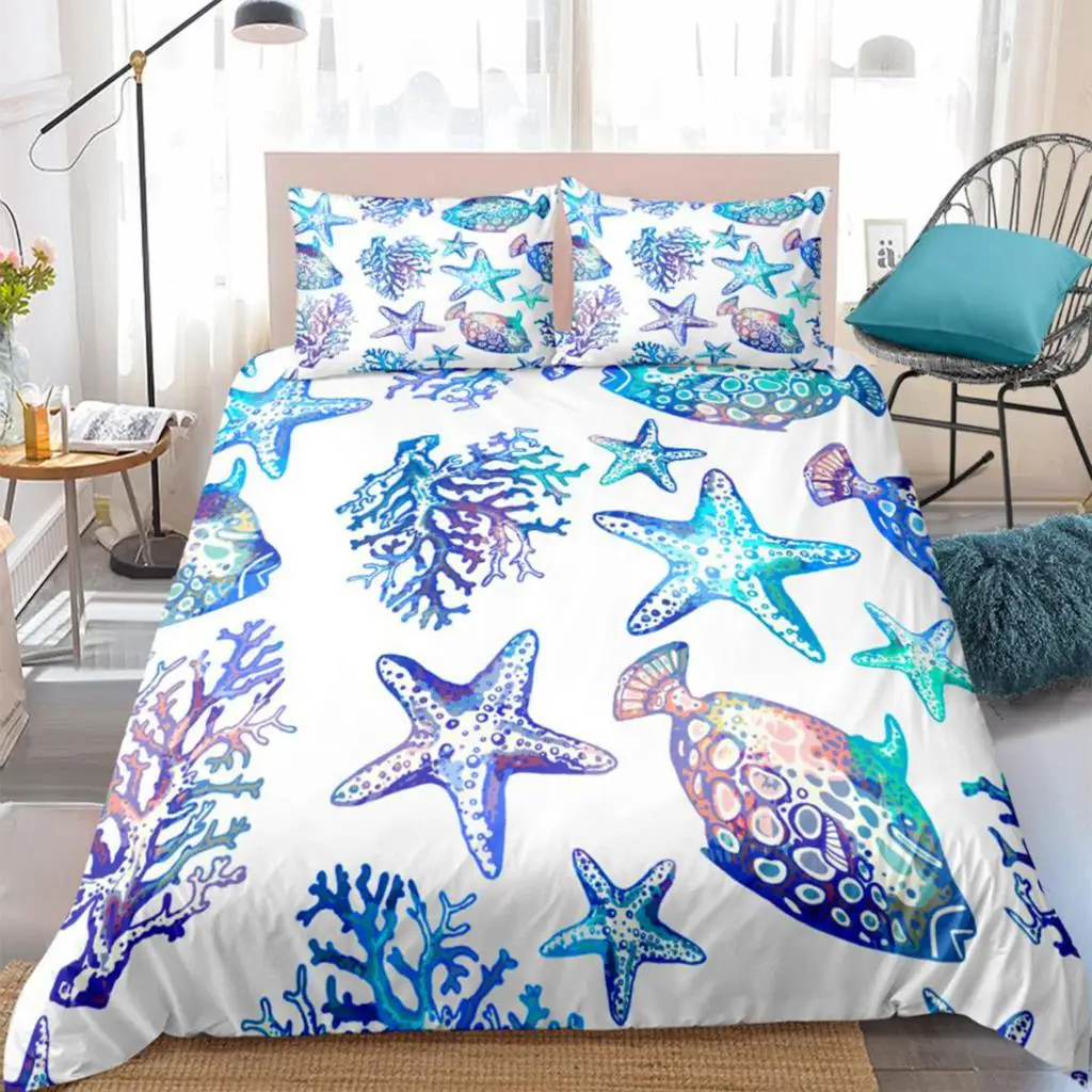 Coral Starfish Bedding Set Duvet Cover Set 3-Piece Bedspreads Ocean Animals Kids Bed Cover Set  Home Textile