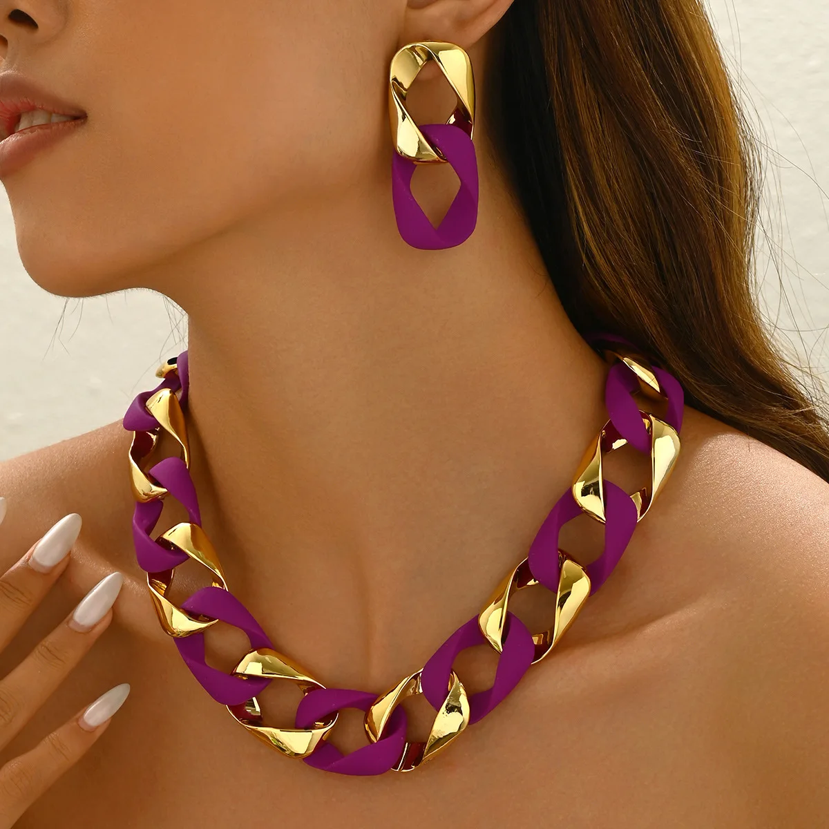New Trendy Fluorescent Color Jewelry Set Resin Acrylic Splicing Chunky and Earrings Matte Statement Party Accessories